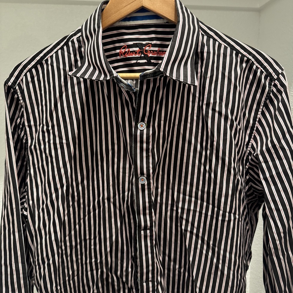 Robert Graham "X Collection" Men's XL Black Striped Button Front Shirt Flip Cuff